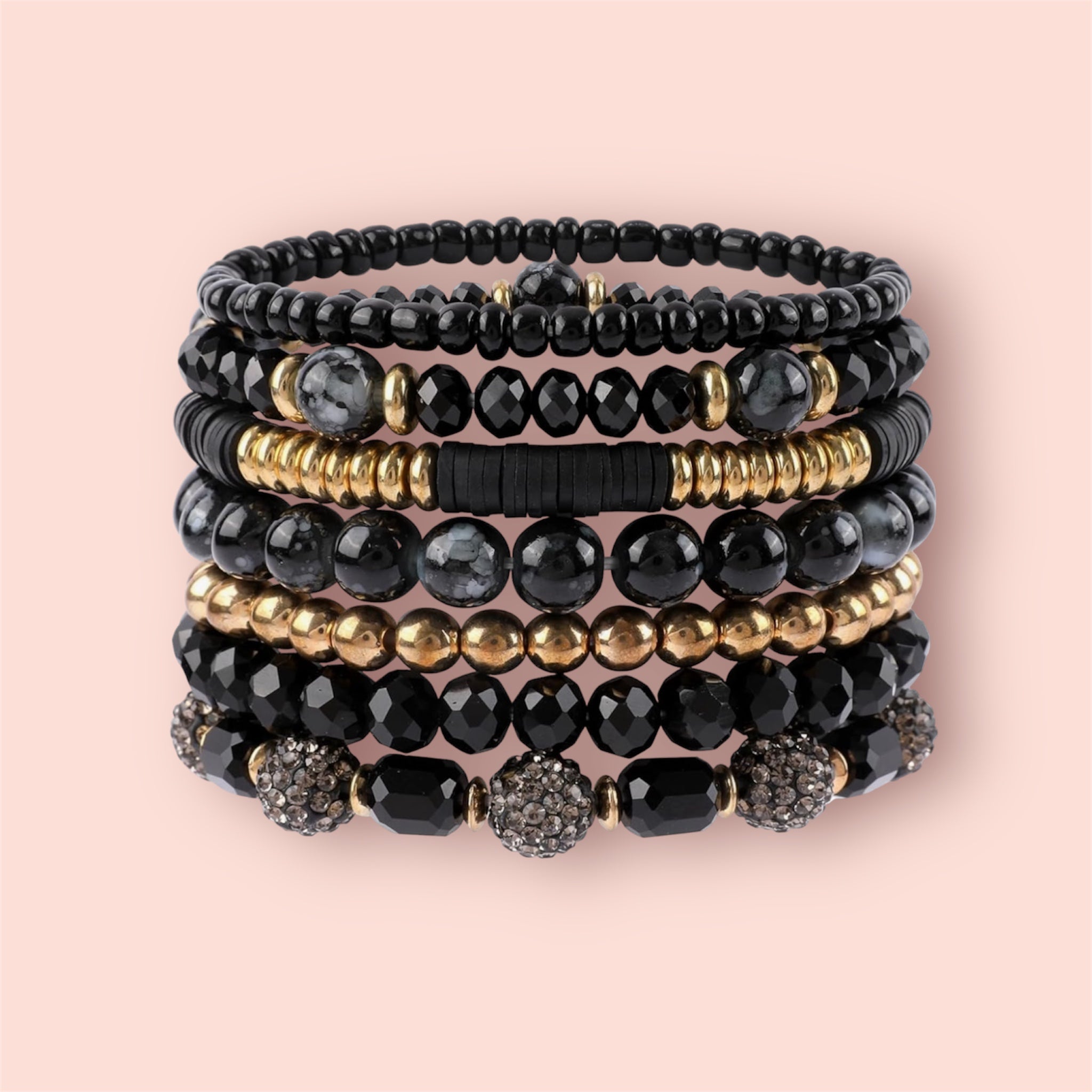 Black Multi layer Stackable Beaded Stretch Bracelets